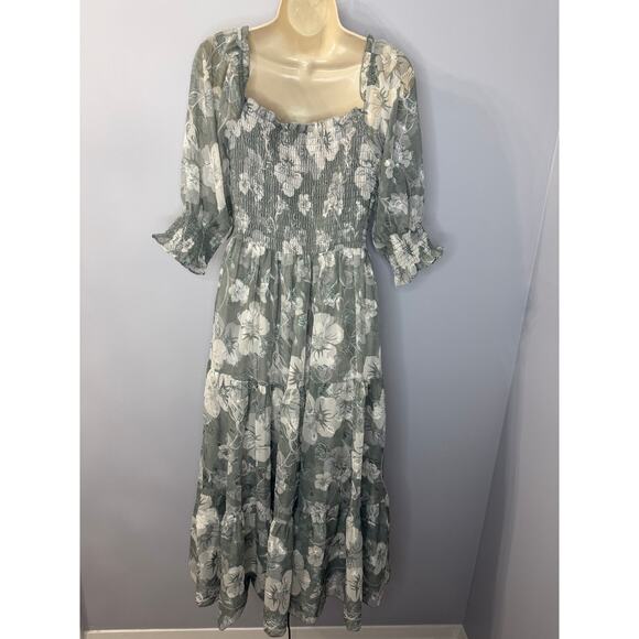 Baltic Born Fabian Jacquard Midi Dress Floral Sage Green Sz L Wedding Guest New - Picture 4 of 16
